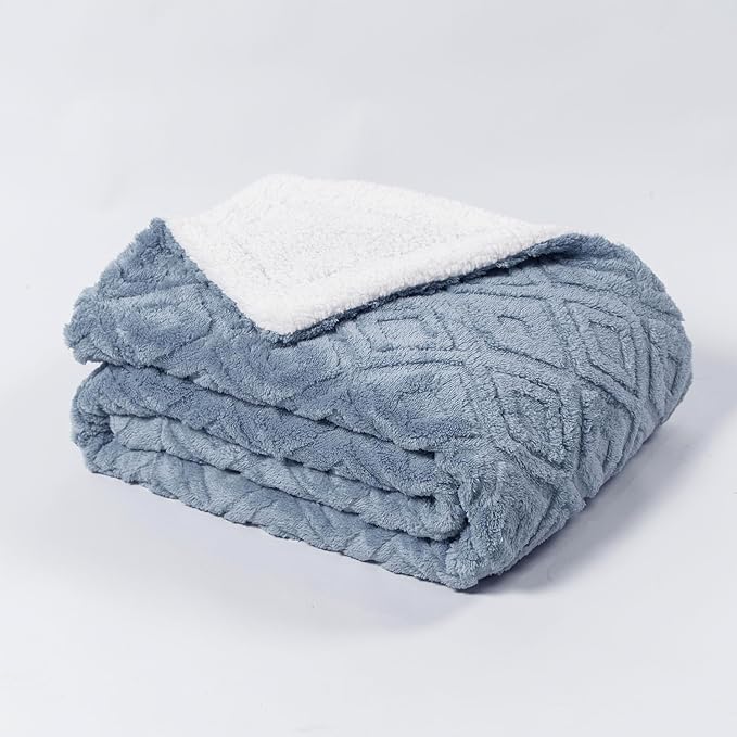 EverGrace Jacquard Boho Sherpa Fleece Throw Blanket for Couch, Super Soft Cozy Fuzzy Plush Blankets for All Seasons, Reversible Thick Warm Blanket for Bed, Sofa, Living Room, Blue Linen, 60" x 80"
