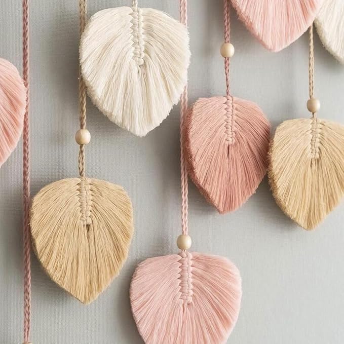 M MANUAL Macrame Leaves Wall Hanging 47.3x29.5Inch Large Chic Feather Boho Macrame Wall Decor Leaf Hanging Photo Display Handmade Woven Wall Art 16pcs Leaf Tapestry - Pink