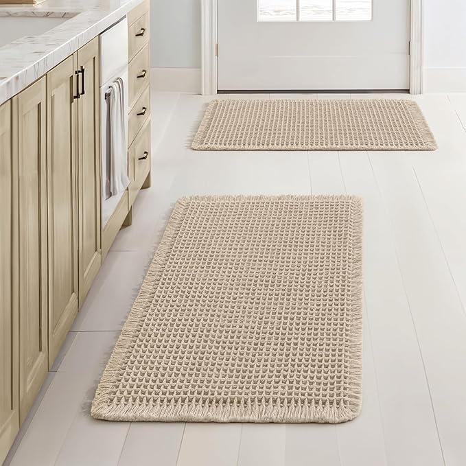 MIULEE Set of 2 Waffle Bathroom Rugs, Boho Bath Rugs Non Slip Washable, Super Absorbent Bath Mats, Ultra Soft Rubber Backed Shower Mats for Bathroom Floor, Tub and Shower, Pale Beige, 17x24 Inch