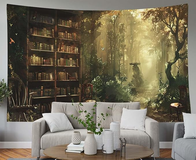 EMMTEEY Enchanting Forest Tapestry 92.5X70.9 Inch - Library Bookshelf Wall Decor for Living Room Medieval Dark Academia Backdrop for Students Women