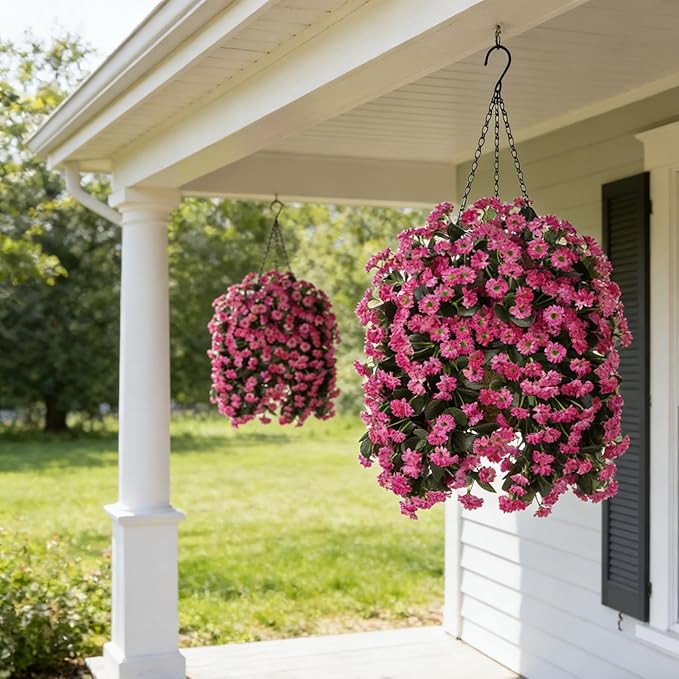 Hanging Baskets Artificial Flowers for Outdoor Interior Decor, Artificial Daisies Flowers Shrubs Plants with Baskets for Home Porch Garden Patio Patio Spring Summer Decor(Pink)