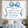 LIANGW Light Blue Bible Verse Christian Wall Tapestry – Proverbs 31 Bible Blue Bow Aesthetic for Girls Bedroom or Dorm Room,Faith-Based Blue Room Decor Aesthetic, 50x60 Inch