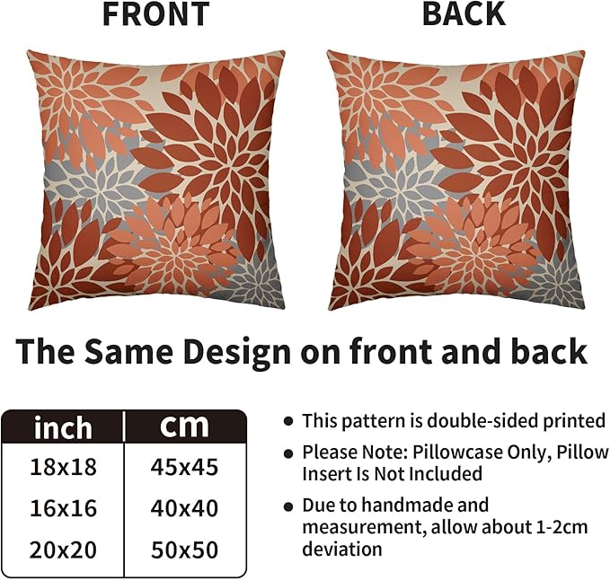 Burnt Orange Grey Gray Pillow Covers 16X16 Inch Set of 2, Fall Colored Modern Geometry Dahlia Floral Print Decorative Throw Pillow Covers Outdoor Farmhouse Cushion Case for Couch Sofa Bed Decor