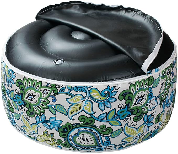 Magpie Fabrics Indoor/Outdoor Inflatable Stool Ottoman Pouf, Water Repellent Round Footrest Footstool with Foot Pump D20 xH9, Portable for Patio Garden Travel Camping or Home, Floral Blue Green