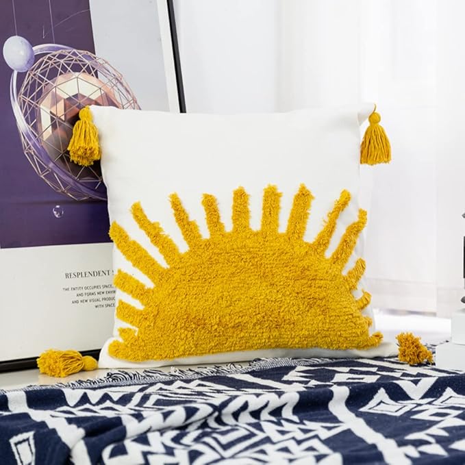 Golden Yellow Sun Woven Tufted Throw Pillow Cover,Boho Ethinc Cozy Cushion Cover for Bedroom Living Room Couch,Regalo para Navidad,18x18 Inches