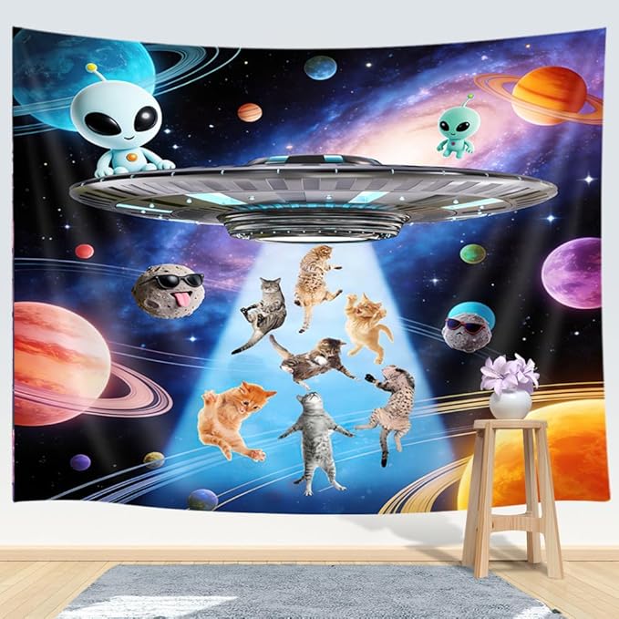 Funny Cat Tapestries, Cool Funny Kittens Starry Sky Nebula Galaxy Tapestry Milky Way Space Psychedelic Hippie Tapestry Wall Hanging Home Decor Dorm Livingroom Bedroom Wall Blanket, 71x60 Inches