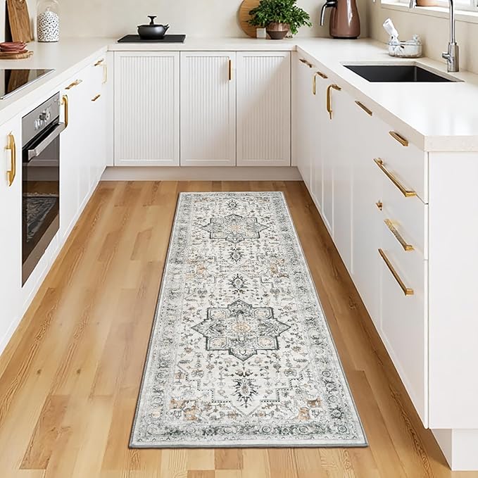 Lessymo Washable 2x6 Runner Rug for Hallway Entryway, Non Slip Kitchen Area Rugs Indoor Mat for Bedroom Bathroom Laundry Farmhouse, Soft Vintage Floor Carpet Stain Resistant Low Pile, Grey/Brown