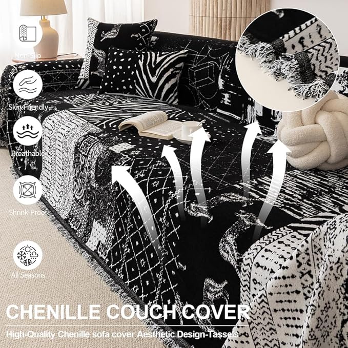 ROOMLIFE Boho Black Couch Covers for 3 Cushion Sofa, Chenille Couch Cover Sectional Sofa Cover for Dog, Washable Furniture Sofa Protector Cover Soft Blanket with Tassel for Living Room, 71 '' X 134''