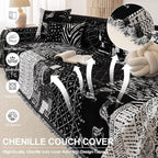 ROOMLIFE Boho Black Couch Covers for 3 Cushion Sofa, Chenille Couch Cover Sectional Sofa Cover for Dog, Washable Furniture Sofa Protector Cover Soft Blanket with Tassel for Living Room, 71 '' X 134''