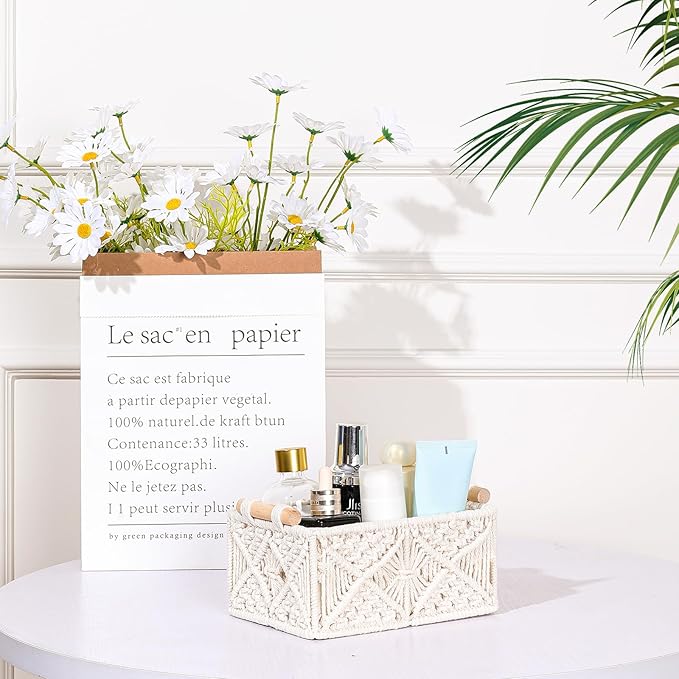 ANMINY 3PCS Macrame Storage Baskets for Organizing Boho Decor Baskets Storage Bins with Wood Handles Handmade Decorative Storage Boxes with Removable Liner Toilet Tank Bathroom Self Basket Organizer