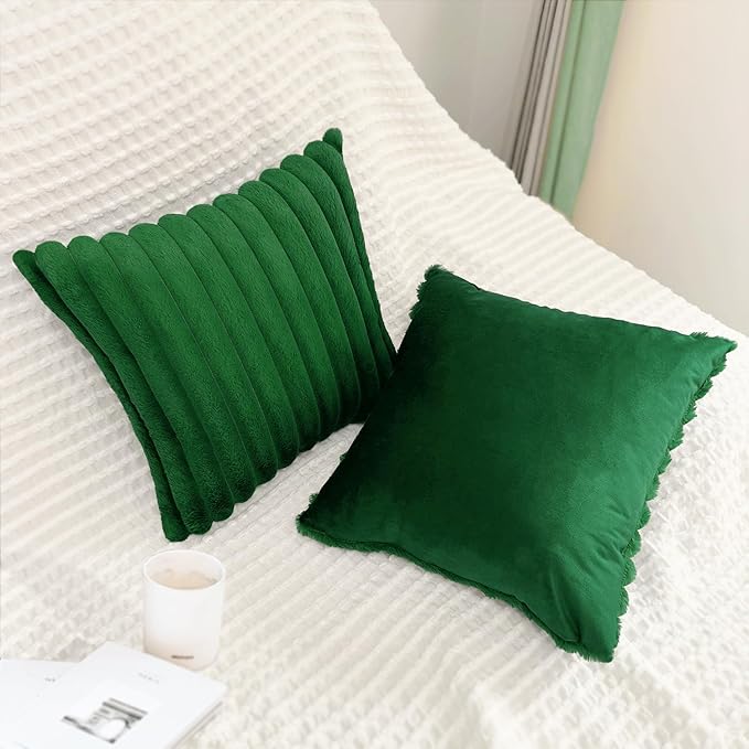 2 Pack Pillow Covers, 20x20 Faux Fur Square Throw Pillow Covers for Living Room Decorations Throw Pillow Case, Throw Pillow Cover Cushion Cover for Home Sofa Bedroom Car, Dark Green