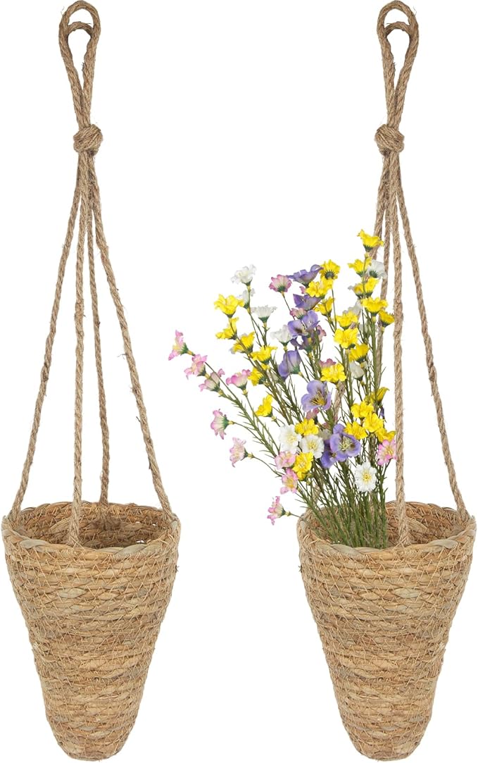 2 Pcs Hanging Basket for Wall Conical Hanging Wicker Basket with Hemp Rope Handmade Wall Planter for Garden Home Flowers Planters Boho Decor Front Door Porch Entryway (Flowers Not Included)