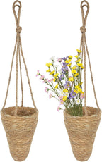 2 Pcs Hanging Basket for Wall Conical Hanging Wicker Basket with Hemp Rope Handmade Wall Planter for Garden Home Flowers Planters Boho Decor Front Door Porch Entryway (Flowers Not Included)