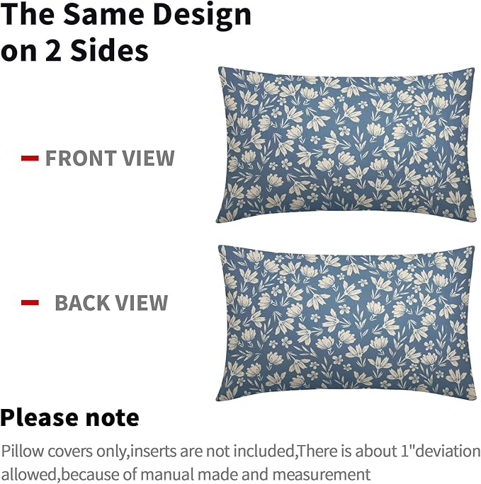 Light Blue Pillow Covers 12x20 Set of 2 Vintage Floral Rustic Old Style Cute Flower Print Rectangle Decorative Outdoor Pillowcases Seasonal Farmhouse Throw Cushion Case Couch Sofa Bed Decor