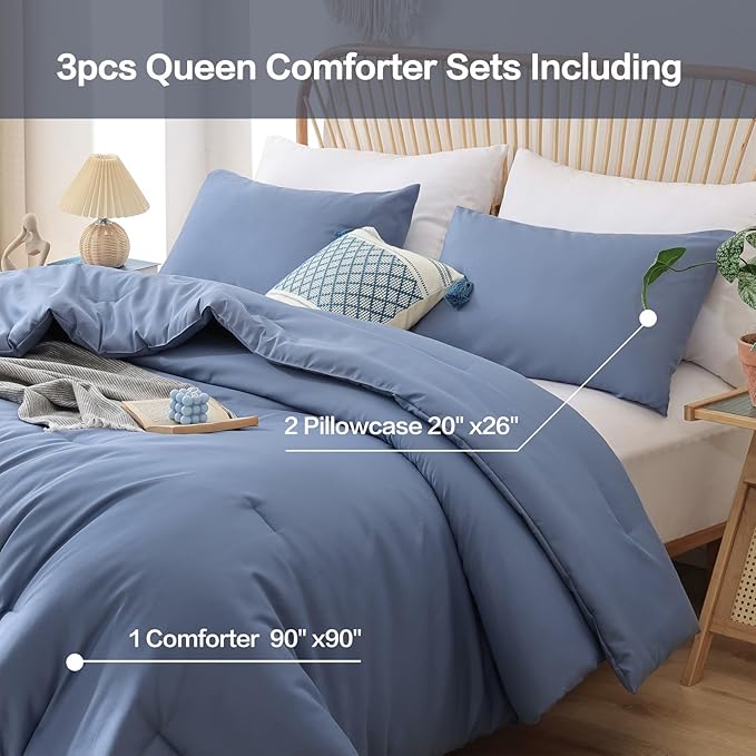ROSGONIA Queen Comforter Set Slate Blue, 3pcs Queen Size Comforter(1 Boho Blue Comforter & 2 Pillowcases) All Season Lightweight Bedding Blanket Quilt
