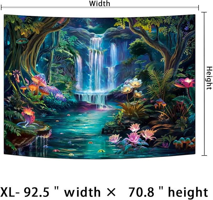 Generleo Forest Waterfall Tapestry Mushroom Flower Tapestries Colorful Floral Plants Tapestry Fantasy Landscape Backdrop Tapestries Wall Hanging for Bedroom Decor