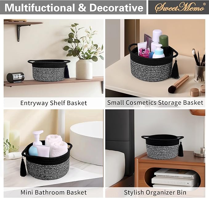 Small Round Gift Baskets with Handles Set 2, SweetMemo Little Empty Gifts Basketsl, Cute Woven Cotton Rope Storage Bins for Men, Desk, Plant, Bathroom, Decorative, Pre-Shaped, Two Pack - Black Gray