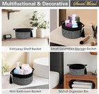 Small Round Gift Baskets with Handles Set 2, SweetMemo Little Empty Gifts Basketsl, Cute Woven Cotton Rope Storage Bins for Men, Desk, Plant, Bathroom, Decorative, Pre-Shaped, Two Pack - Black Gray
