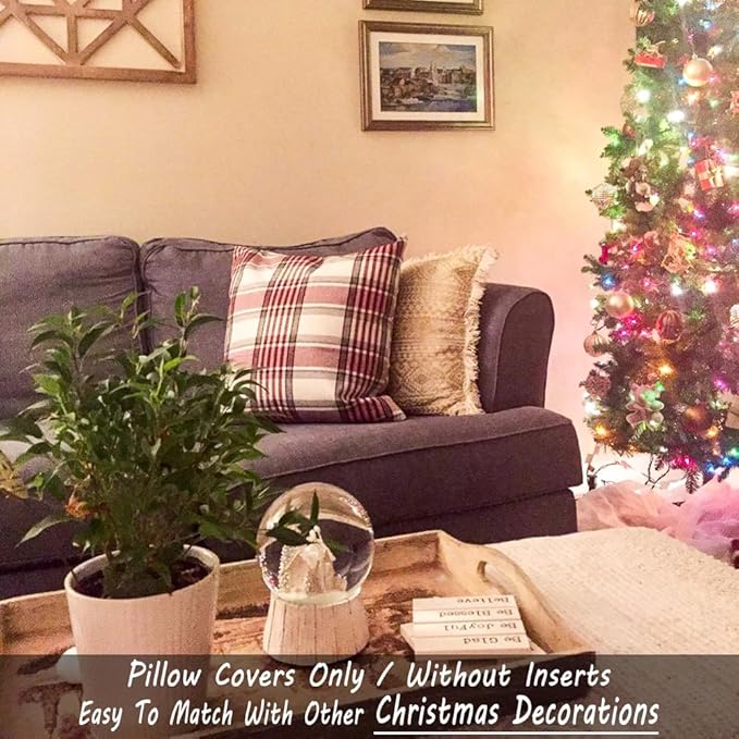CARRIE HOME 24x24 Red Farmhouse Throw Pillow Cover Set of 2, Large Red Tartan Christmas Plaid Decorative Pillow Covers 24 x 24, Couch Pillows for Living Room Bedroom