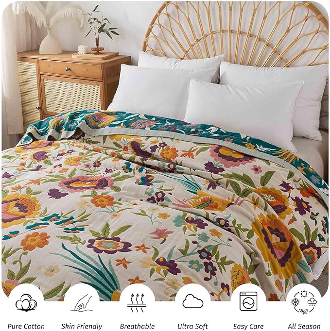 Qidordour Boho Throw Blanket, 60"x80" Muslin Blankets for Adult, 100% Organic Cotton Blanket for Couch Sofa, Lightweight Quilt, All Season Bed Throw, Farmhouse Home Decor, C-Phoenix Floral