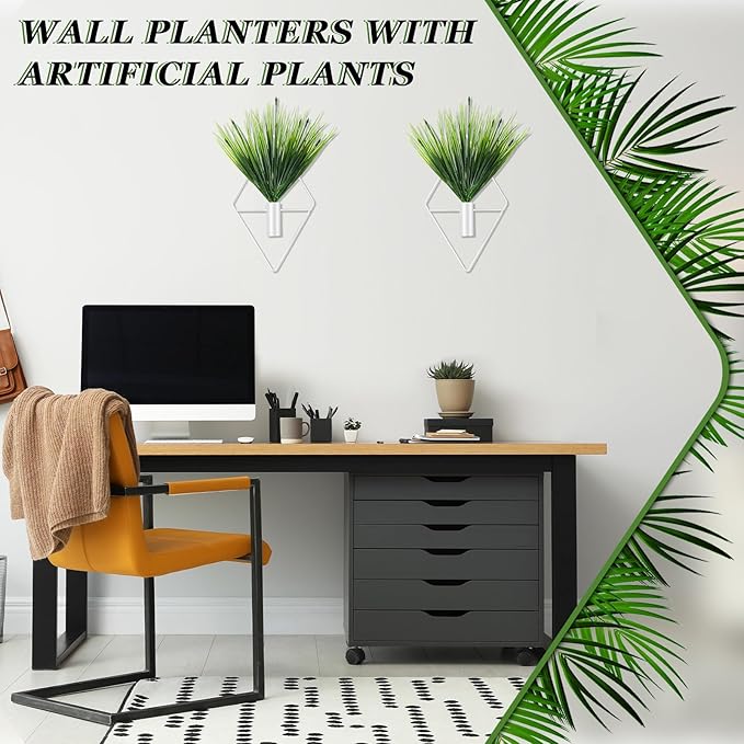 2 Pieces White Wall Decor Hanging Planters with Artificial Plants Metal Hanging Vase Indoor Plants Holder Modern Geometric Wall Art for Bathroom Bedroom Living Room Decor(Aquatic Plant)