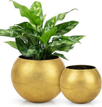 Oairse Round Gold Metal Flower Pots - 2 PCS Galvanized Planters with Drainage Hole Farmhouse Rustic Garden Rustproof Vintage Metal Plant Pot for Flowers Plant Herb Home Centerpieces Table Decorations