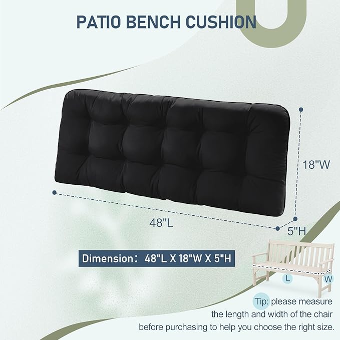downluxe Outdoor Bench Cushion for Patio Furniture, Water Resistant Tufted Overstuffed Porch Swing Cushions, Thick Outdoor Loveseat Cushions, 48" X 18" X 5", Black, Set of 1