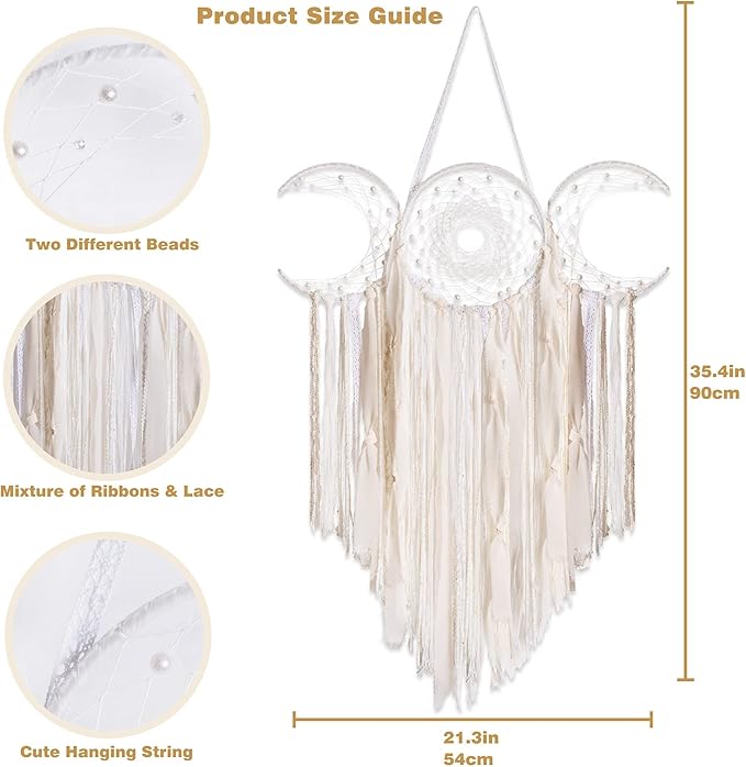 ANROYE White Triple Moon Goddess Macrame Wall Hanging, Boho Crescent Dream Catcher, Bohemian Dreamcatcher for Women Bedroom, Woven Tapestry-Witchcraft Gift, Pagan Decor for Adults Decoration