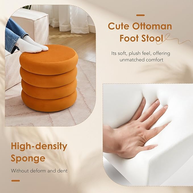 Flouki 19.5" Storage Ottoman Round, Vanity Stools for Bedroom, Entryway Ottoman for Console Table, Ottoman Stool for Girls Women, Foot Stool for Living Room, Set of 2, Velvet Orange