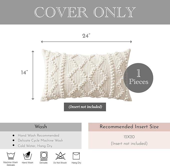 BlissBlush Pure White Decorative Lumbar Pillow Cover 14x24, Boho Accent Throw Pillow Case for Couch Sofa Bed, Modern Farmhouse Textured Lumbar Cushion Bedroom Living Room, Cover ONLY