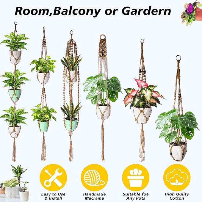 SATINIOR 12 Pcs Macrame Plant Hangers Handmade Boho Hanging Planters 12 Different Tiered Designs with 12 Hooks for Flower Pots Indoor Outdoor Decorative Wall Hanging Baskets for Home(Classic,Burlap)