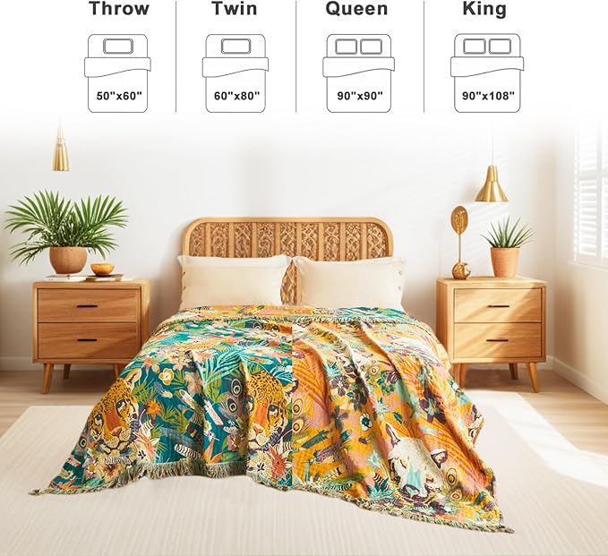 Throw Blanket for Bed Couch Sofa Soft Cotton Twin Breathable Spring Blankets for Bedroom Living Room All Season Reversible Quilt Leopard Throws Whimsical Home Decor 60"x80"