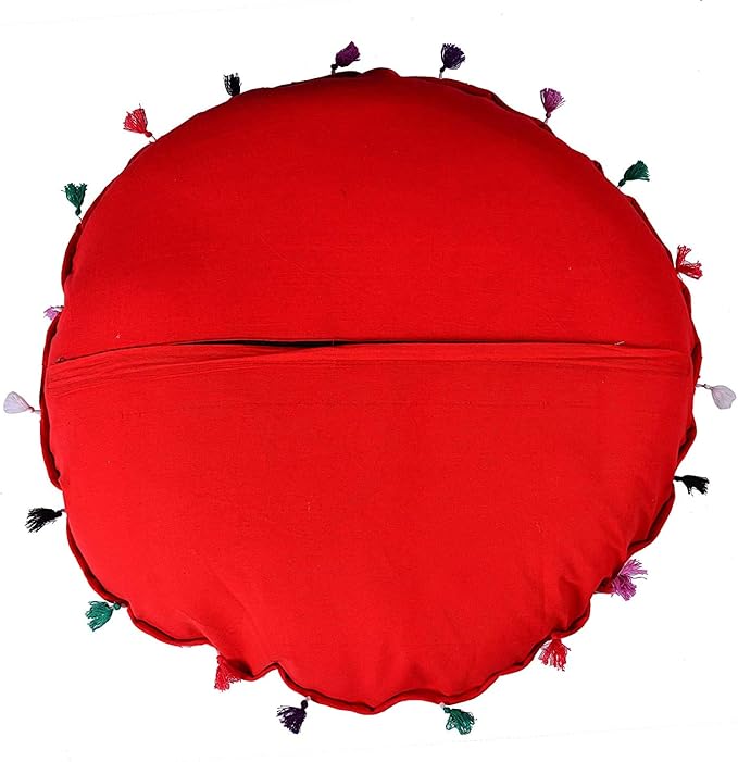Indian Handmade Patchwork Codework Red Round Pouf Cover Ottoman Floor Pillow Cushion Seating Throw Decorative Pom Pom Pillow Cases Boho 32 Inches,BFPC0108