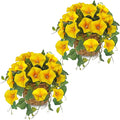 Briful 2 Pack Fake Morning Glory with Handwoven Basket - 8.2" Yellow Faux Potted Flowers Silk Floral Table Centerpiece for Home Office Room Shelf Desk Decor