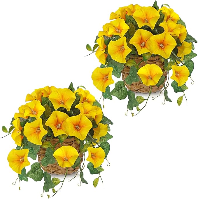 Briful 2 Pack Fake Morning Glory with Handwoven Basket - 8.2" Yellow Faux Potted Flowers Silk Floral Table Centerpiece for Home Office Room Shelf Desk Decor