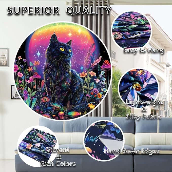 Dermijer Blacklight Black Cat Tapestry UV Reactive Moon Stars Floral Wall Hanging Tapestry Moonlit Garden Home Decor for Bedroom Living Room Dorm 78.7L x 59.1W