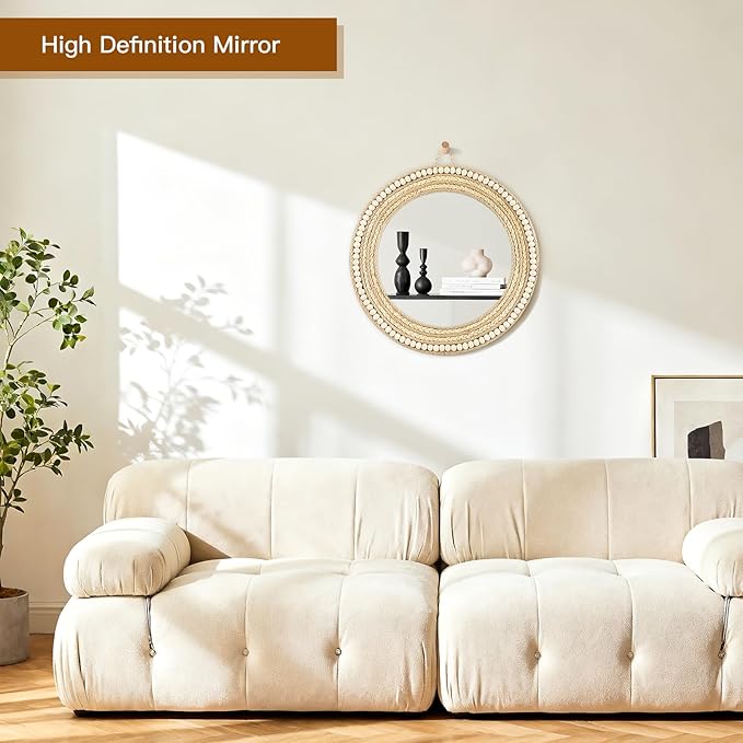 Boho Wall Mounted Mirror, Handmade Corn Beard and Hemp Rope Woven Wooden Beads Decorative Mirror, Round Mirror for Wall Decoration (Natural)