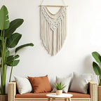 guzhiou Macrame Wall Hanging Boho Geometric Woven Tapestry Cotton Handmade Bohemian Art Decor with Wood Bead Wall Decor for Bedroom Living Room Apartment Nursery 31.5" L x 17" W(Wood bead-A)