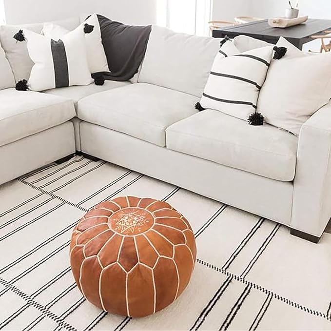 Unstuffed Genuine Round Leather Pouf | Moroccan Ottoman Footstool, Footrest Cover | Super Soft Handmade Ottoman Faux Comes in 20" D x 20" W x 14" H