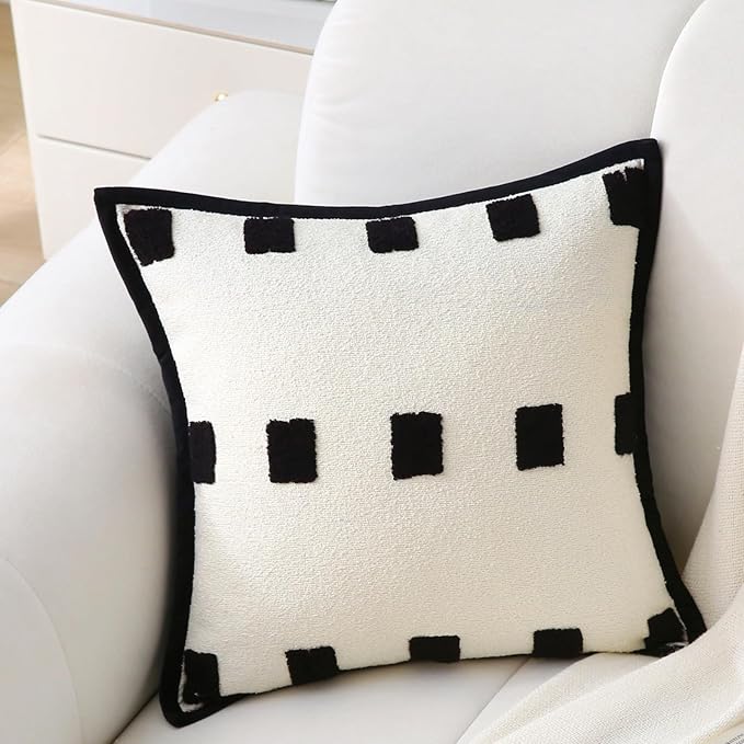 Boho Decorative Throw Pillows with Inserts, 18" x 18" Soft Tufted Modern Chenille Pillow, Pillows for Home, Patio, Couch, Bedroom, Living Room (Black Square - White Background)