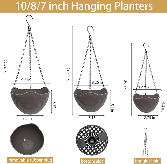 Hanging Planters for Indoor Plants 3 Pack - 7/8/10 Inch Plastic Hanging Pots with Water Sieve Mesh, Small Hanging Pots for Home Garden, Porch, Balcony & Patio Decor, Black