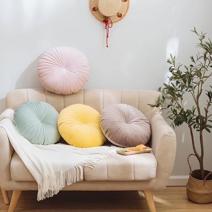 HLOVME Round Pillow Cushion for Couch Velvet Decorative Small Throw Pillow Solid Color for Living Room Bed Floor 15.7”, Lightcoral