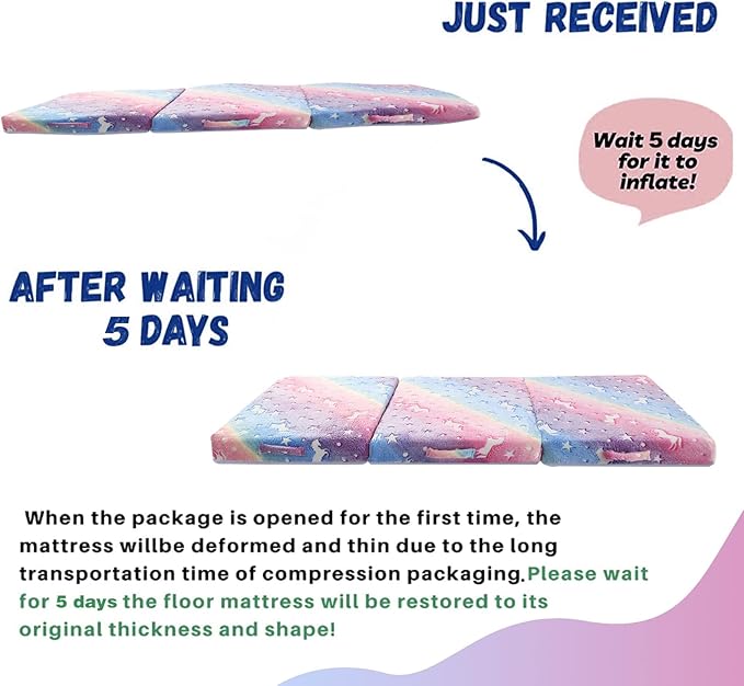 MeMoreCool Glow Rainbow Unicorn Foldable Floor Mattress for Kids, Trifold Nap Mat for Toddlers, Portable Daycare Sleeping Futon or Floor Bed, 63x26 Inch