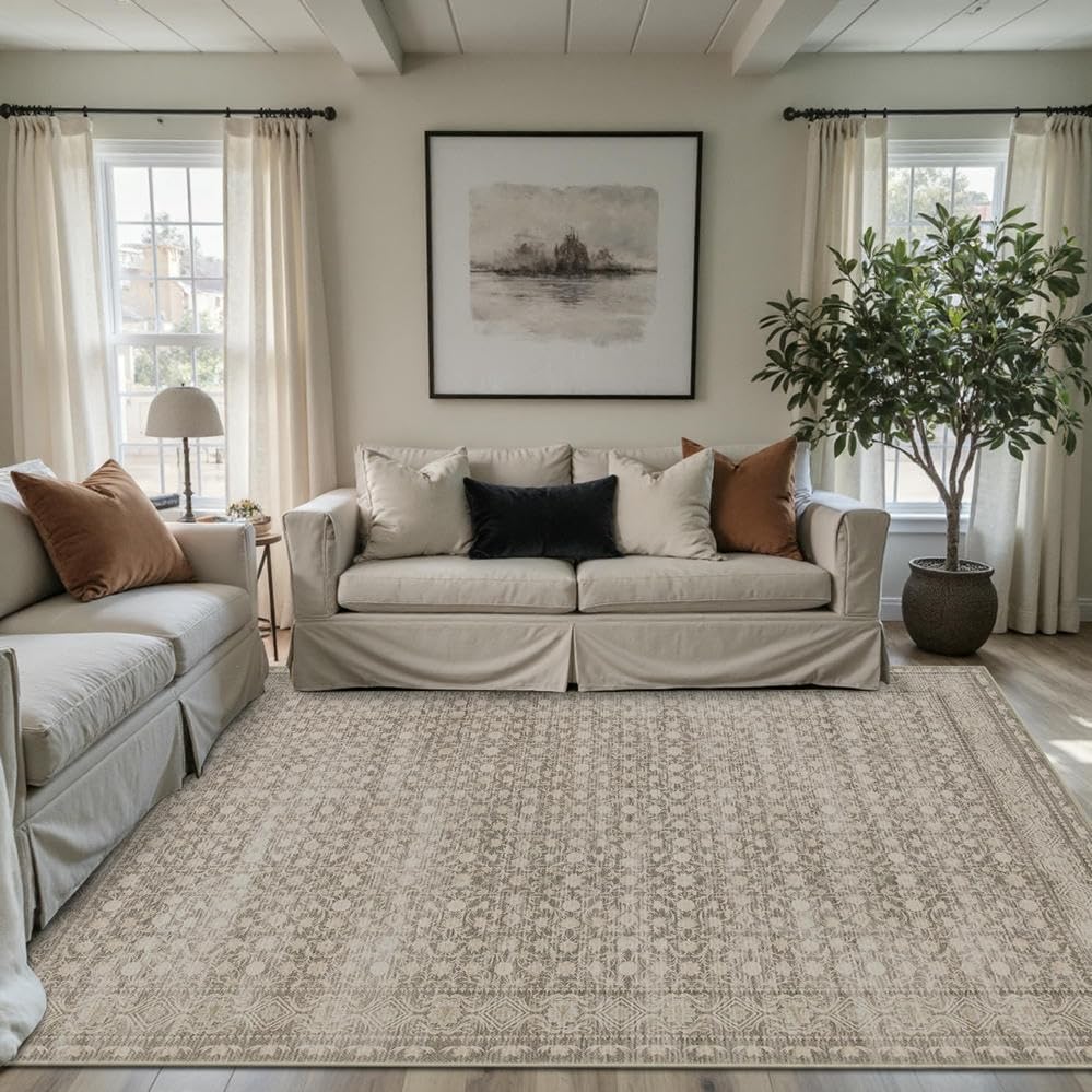 Area Rugs 5x7, Washable Rugs for Living Room, Vintage Boho Rug for Office, Dining Room, Kids Room and Farmhouse, Durable Low Pile Non-Slip Area Rug for High Traffic Areas(Apricot) - color: Apricot, size: 5' x 7' (Rectangular)