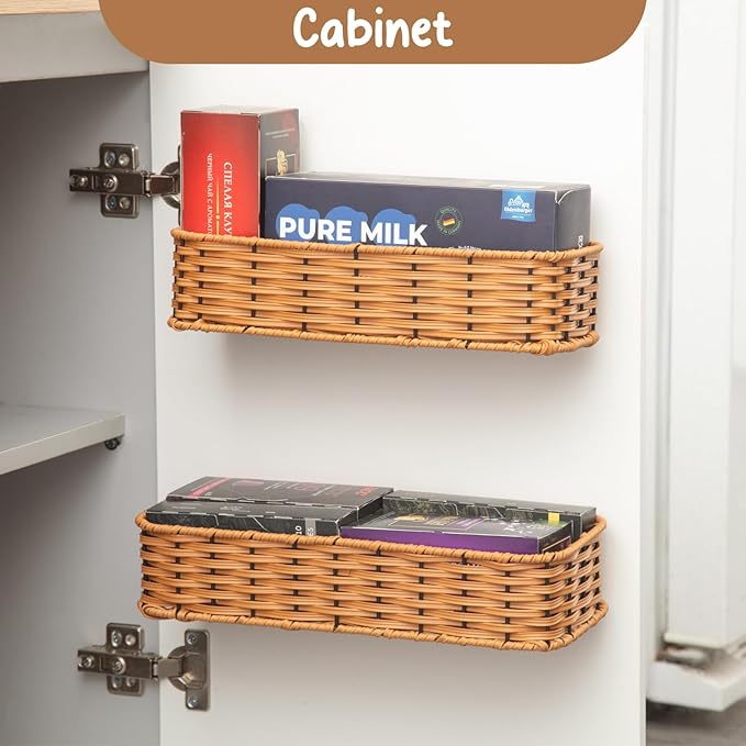 Hanging Wall Basket, Adhesive Wall-Mounted Organizer for Storage, 2-Pack Plastic Wicker Woven Storage Shelves for Kitchen Cabinets, Bathroom, Pantry, Brown Color