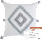 Indigo Ink - Decorative Pillow, Tufted Diamond Pillow with Tassels, Throw Pillows for Couch or Bed, Boho Home Decor, 20" x 20" (Tufted Medallion Collection, White/Grey)
