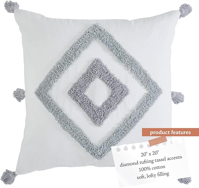Indigo Ink - Decorative Pillow, Tufted Diamond Pillow with Tassels, Throw Pillows for Couch or Bed, Boho Home Decor, 20" x 20" (Tufted Medallion Collection, White/Grey)