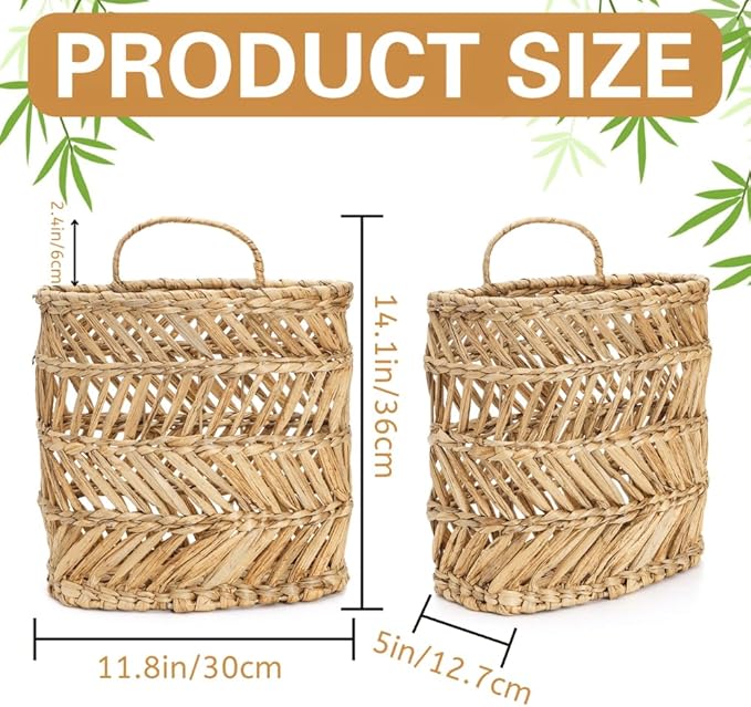 YOUEON Large Woven Hanging Storage Basket, 12x5x14 Inch Natural Water Hyacinth Wall Basket with Sturdy Iron Frame, Handwoven Front Door Flower Baskets for Home Garden, Boho Decor