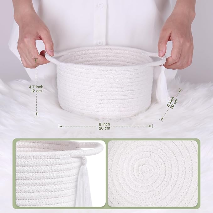Gift Basket Empty Small - SweetMemo Cute Woven Rope Organizer Baskets for Baby Shower, Vanity, Makeup, Bathroom, Desk, Decor, Gifting - Small Decorative Storage Bins - Set of 2, Pre-Shaped, White