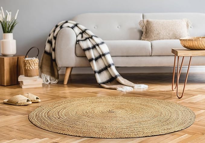 Jute Braided Area Rug, 4 feet Round Jute Braided Rug, Stain Resistan Natural Handmade Circle Boho Area Rug for Entryways, Living Room, Bedroom, Farmhouse Vintage Decor, Reversible Rug